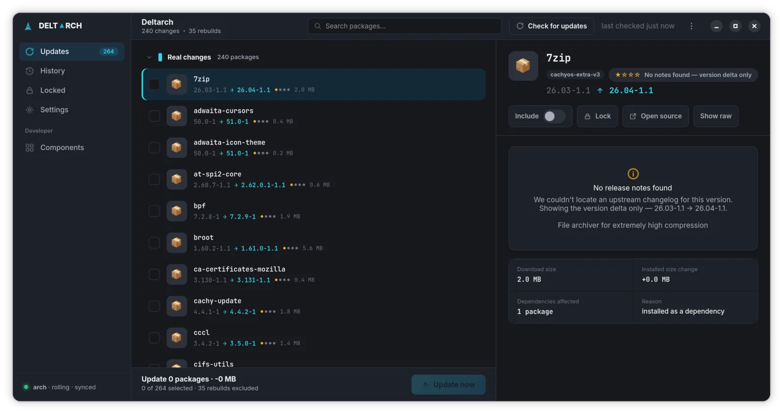 Pending updates list with changelog summaries